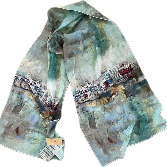 Cabeli Art Design Studio Scarf NWT Depicting Mykonos Landscape - Picture 2 of 6